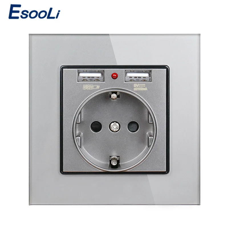 Розетка настенная Esooli с двойным USB-портом для зарядки 2 1 А 16 прозрачная стеклянная