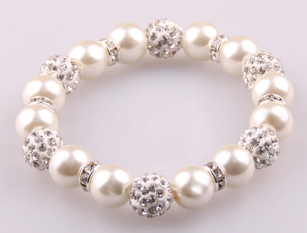 Фото 10mm beige pearl with crystal pave ball and spacers beads bracelet | Украшения и аксессуары