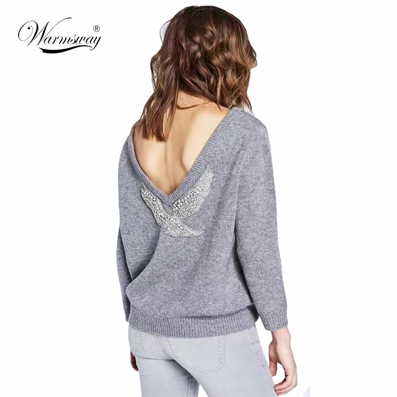 High Quality 2017 Spring New Runway Sweater Fashion Handmade Eagle Beading Tops Women Pullovers Sexy Backless Knitwear WS-019