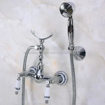 Polished Chrome Bathroom Faucet Mixer Tap Wall Mounted Hand Held Shower Head Kit Shower Faucet Sets Kna263