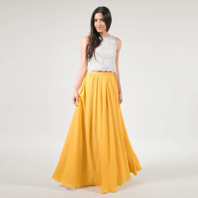 Image Summer Style Long Chiffon Skirts Womens Floor Length A Line Yellow Maxi Skirt Custom Made Street Style Saia Longa Faldas Jupe