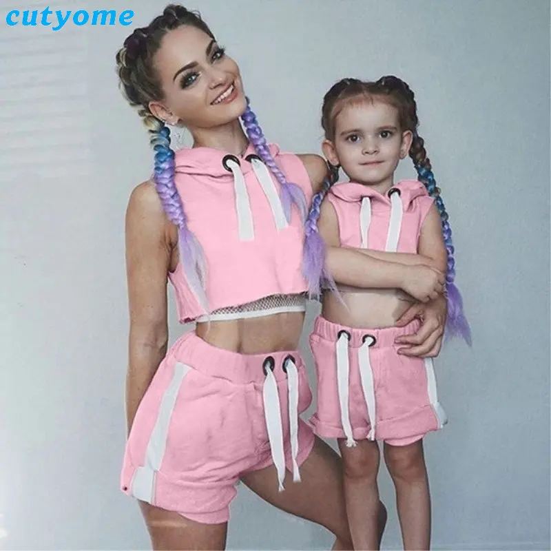 Mommy And Me Summer Sport Mathing Clothing Set Sleeveless Hooded tshirt+Cotton Skirt For Family Mother Daughter Clothes Outfits (43)