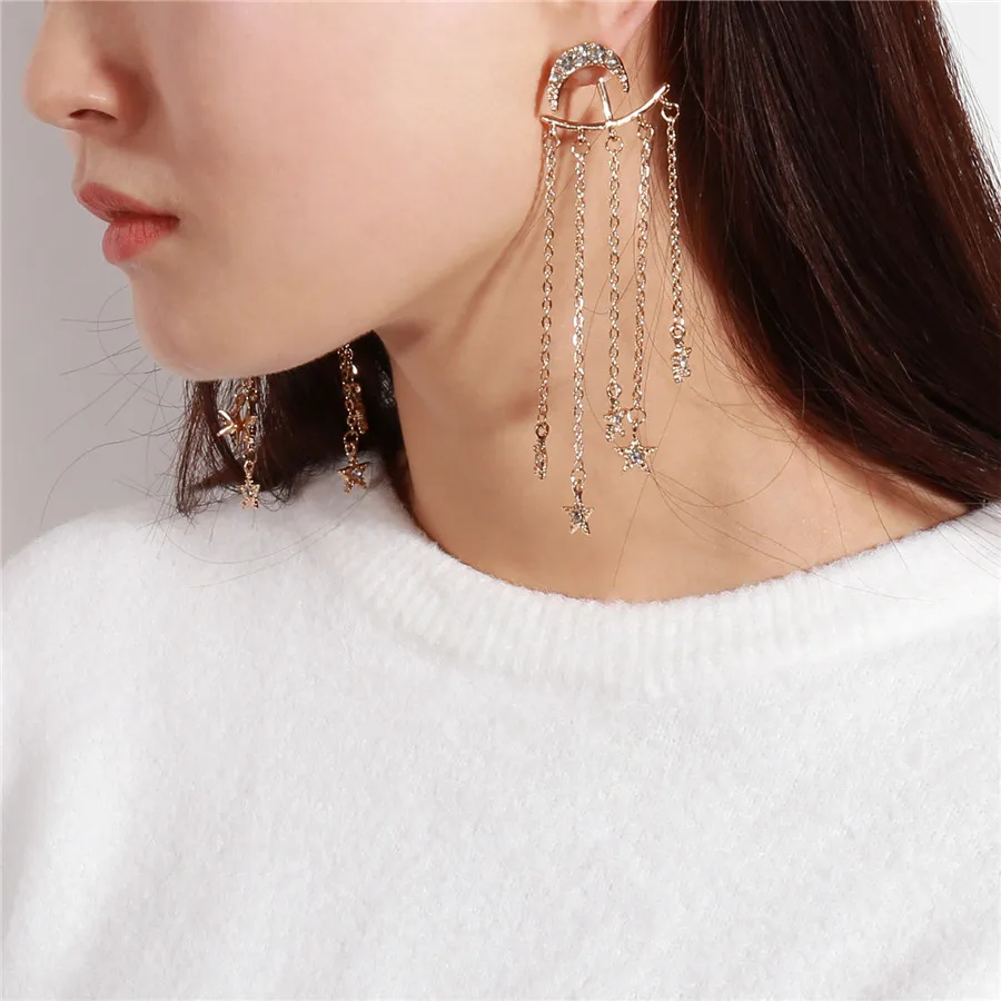 Hot Vintage Tassel Earrings for Women Moon Star Rhinestone Long Metallic Dangle Iridescent Earrings Punk Fashion Accessories
Hot Vintage Tassel Earrings for Women Moon Star Rhinestone Long Metallic Dangle Iridescent Earrings Punk Fashion Accessories