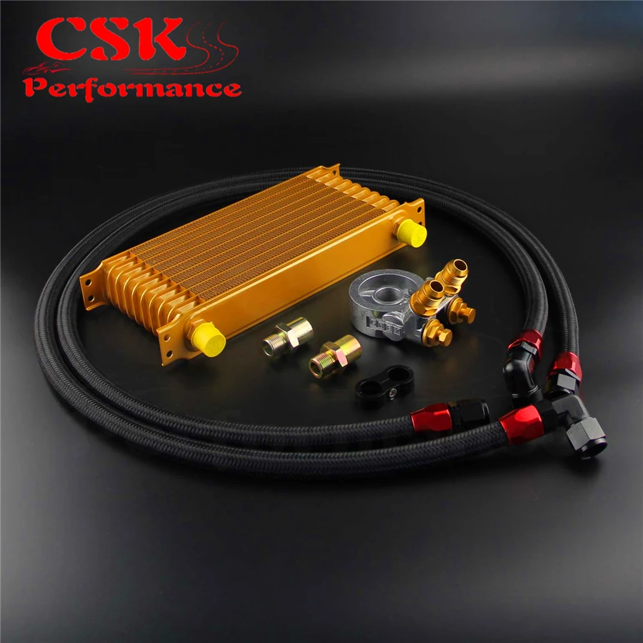 10 Row Engine Trust Oil Cooler w/ Thermostat 80 Deg Oil Filter Adapter Kit Blue/ Black/ Gold
10 Row Engine Trust Oil Cooler w/ Thermostat 80 Deg Oil Filter Adapter Kit Blue/ Black/ Gold