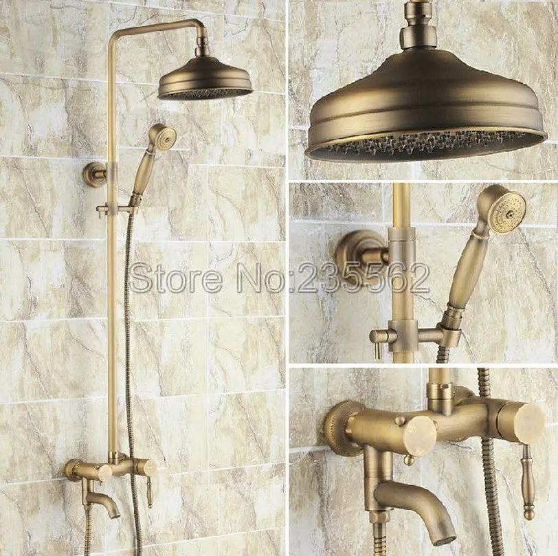 

Bathroom 8" Rainfall Shower Head Shower Complete Faucet Antique Brass Bath and Shower Faucet Set with Bath Tub Mixer Taps lrs153