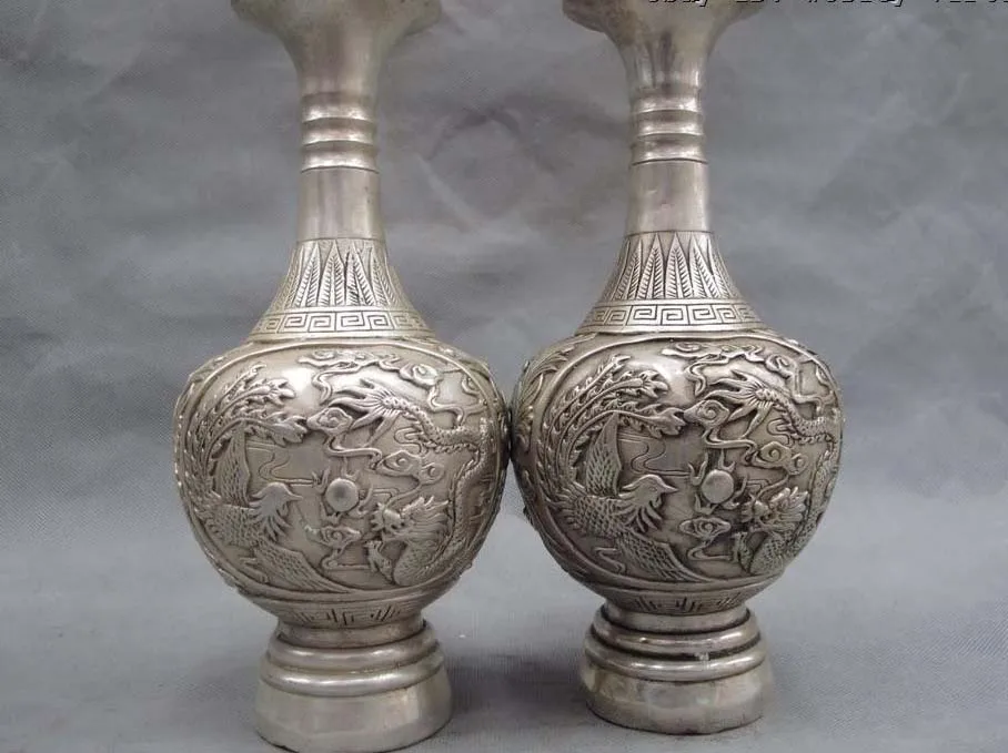 10 Chinese Royal white bronze silver lucky Dragon phenix play bead Pot vase pair
10 Chinese Royal white bronze silver lucky Dragon phenix play bead Pot vase pair