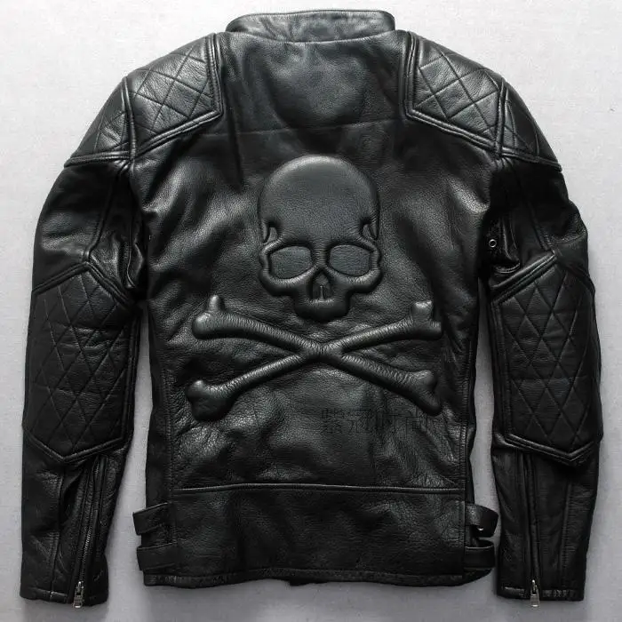 Relief skulls pattern motorcycle jacket black cowskin stand collar Oblique zipper cool genuine leather jacket biker suits male
Relief skulls pattern motorcycle jacket black cowskin stand collar Oblique zipper cool genuine leather jacket biker suits male