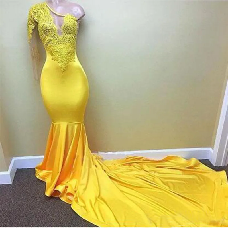 New Arrival Yellow One Shoulder Mermaid Evening Party Dresses Applique Long Formal Prom Gowns Fashion Robe de soiree Abendkleid
New Arrival Yellow One Shoulder Mermaid Evening Party Dresses Applique Long Formal Prom Gowns Fashion Robe de soiree Abendkleid