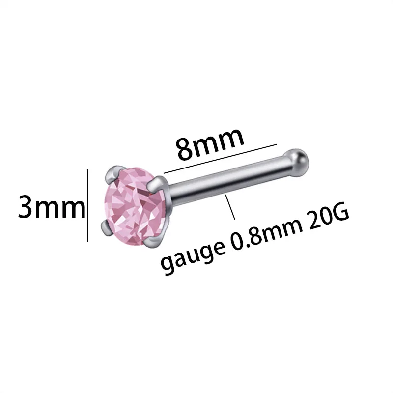 20G Straight Nose Studs Nose Rings Stainless Steel Cubic Zirconia 3mm White Pink Blue Red Purple Black Body Piercing Jewelry New4