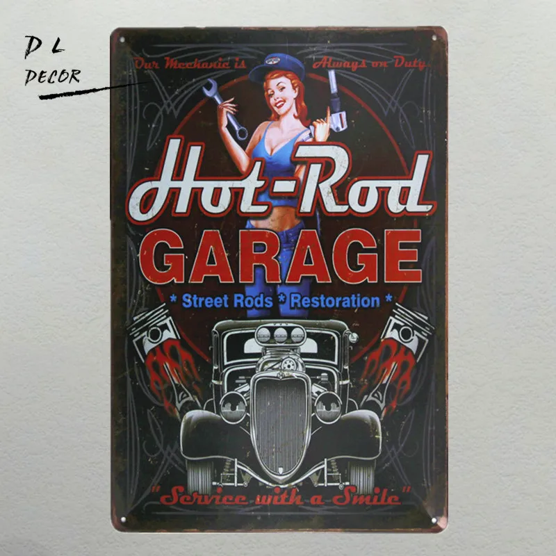 GARAGE RULES PIN UP HOT ROD METAL TIN SIGN POSTER WALL DECOR PLAQUE VINTAGE