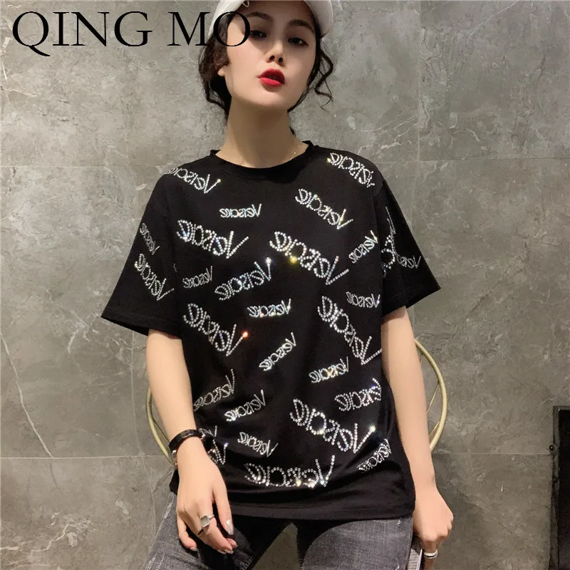 QING MO Black White Orange Women Letter Print T Shirt With Rhinestone Women Summer O Neck Short Sleeve T Shirt ZQY667
QING MO Black White Orange Women Letter Print T Shirt With Rhinestone Women Summer O Neck Short Sleeve T Shirt ZQY667