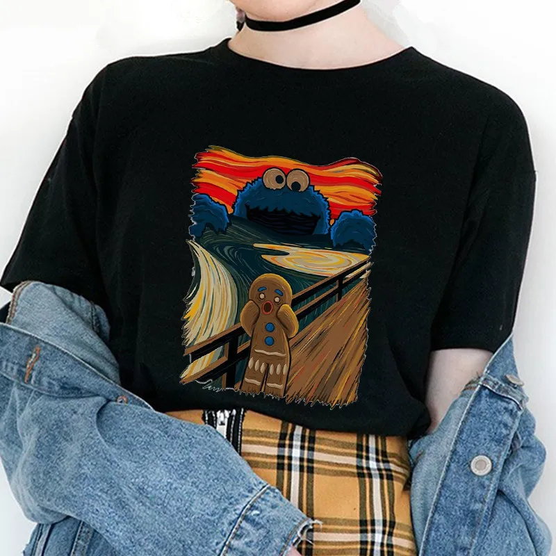 Famous painting shouting screaming gingerbread man sesame street cookie monster short-sleeved women's white t-shirt top
Famous painting shouting screaming gingerbread man sesame street cookie monster short-sleeved women's white t-shirt top