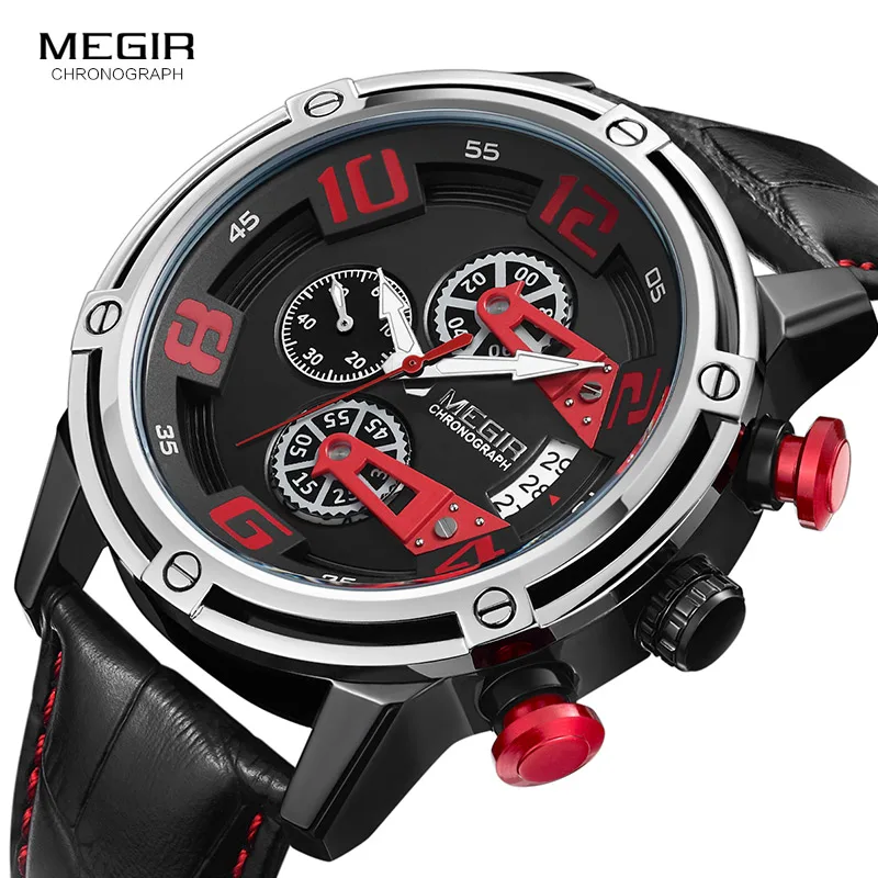 Megir Men's Top Brand Quartz Watches Leather Strap Military Sports Wrist Watch Chronograph Waterproof Large Numbers 2078 Red
Megir Men's Top Brand Quartz Watches Leather Strap Military Sports Wrist Watch Chronograph Waterproof Large Numbers 2078 Red