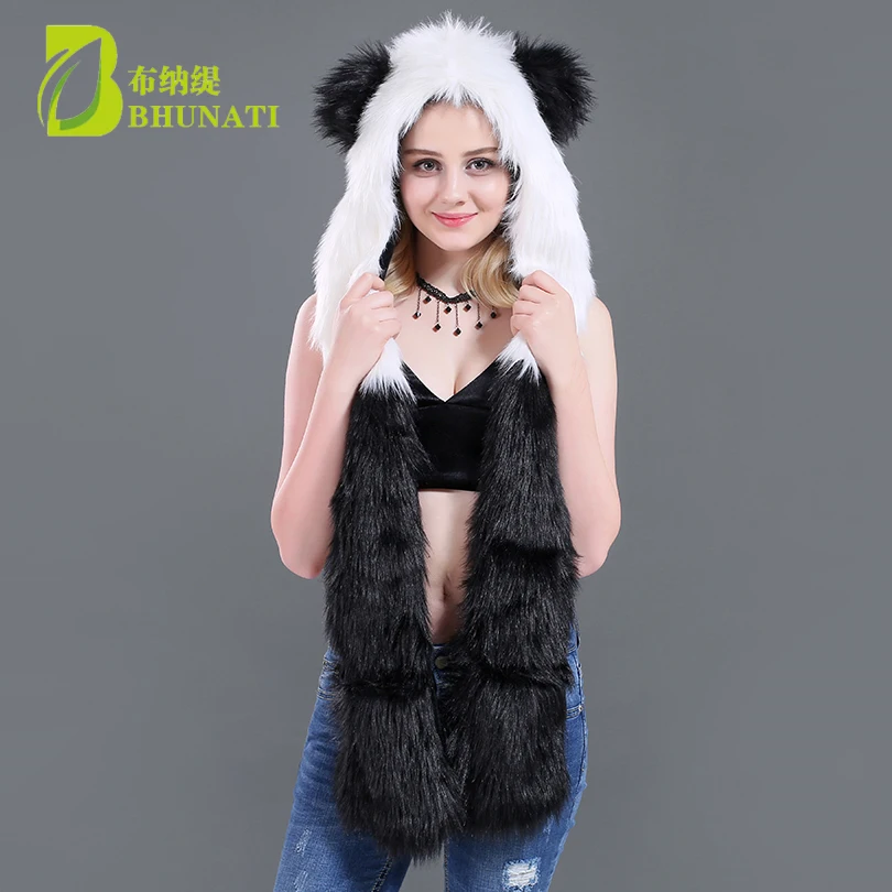 

New winter Panda Faux Fur Hood With Scarf Gloves Animal Hoods Hat Cute animal Faux Fur Hat Cap Beanies Cartoon Wolf Hat
