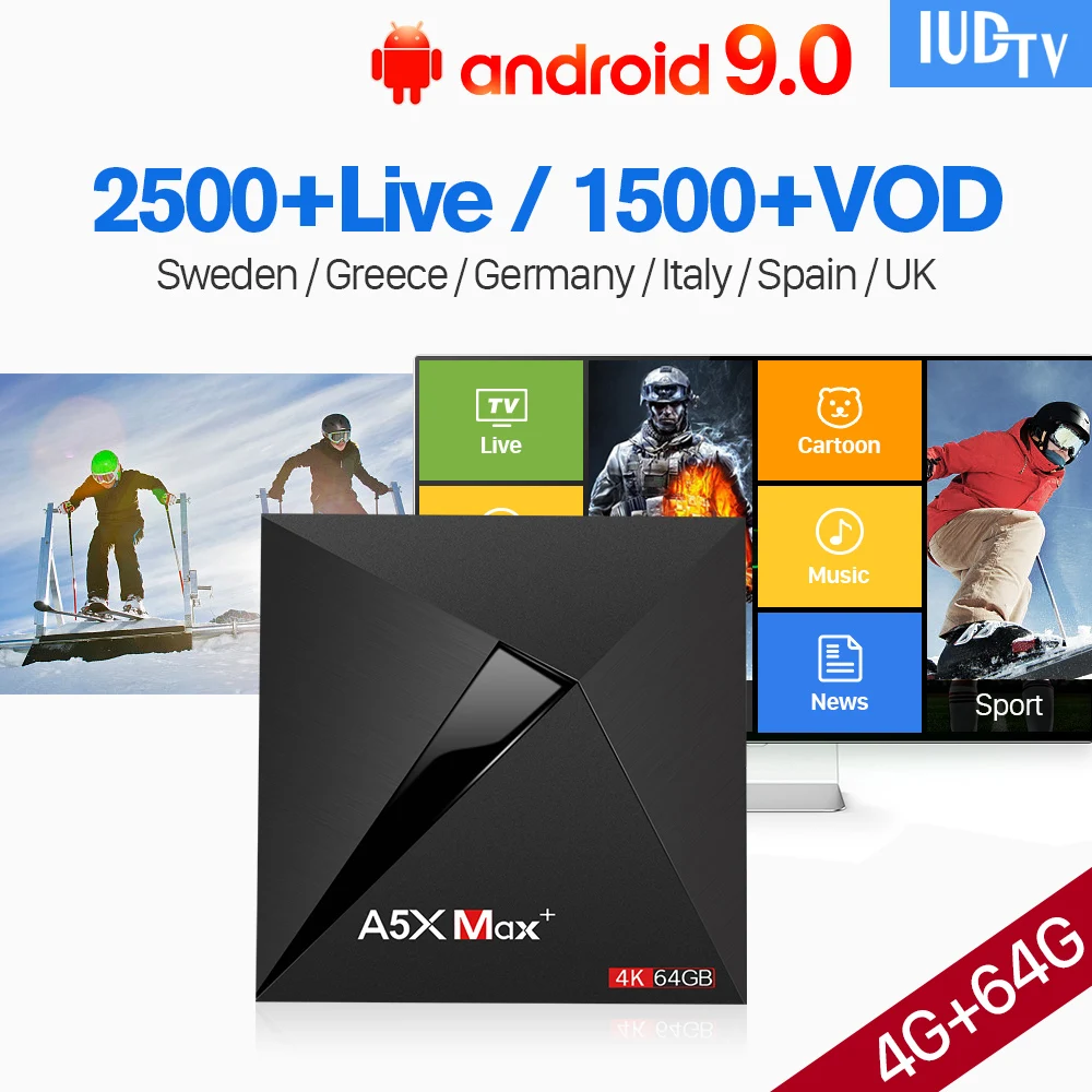 IPTV Spain Sweden Italy UK Germany A5X Max+ Android 9.0 4G+64G Support BT USB3.0 Dual-Band WIFI Turkey Spain IPTV Sweden IUDTV
IPTV Spain Sweden Italy UK Germany A5X Max+ Android 9.0 4G+64G Support BT USB3.0 Dual-Band WIFI Turkey Spain IPTV Sweden IUDTV