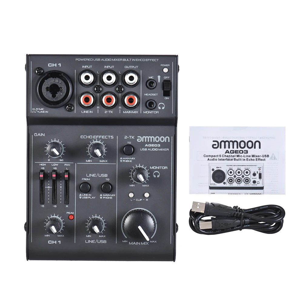 ammoon AGE03 5-Channel Mini Mic-Line Mixing Console Mixer with USB Audio Interface Built-in Echo Effect USB Powered for Karaoke
ammoon AGE03 5-Channel Mini Mic-Line Mixing Console Mixer with USB Audio Interface Built-in Echo Effect USB Powered for Karaoke