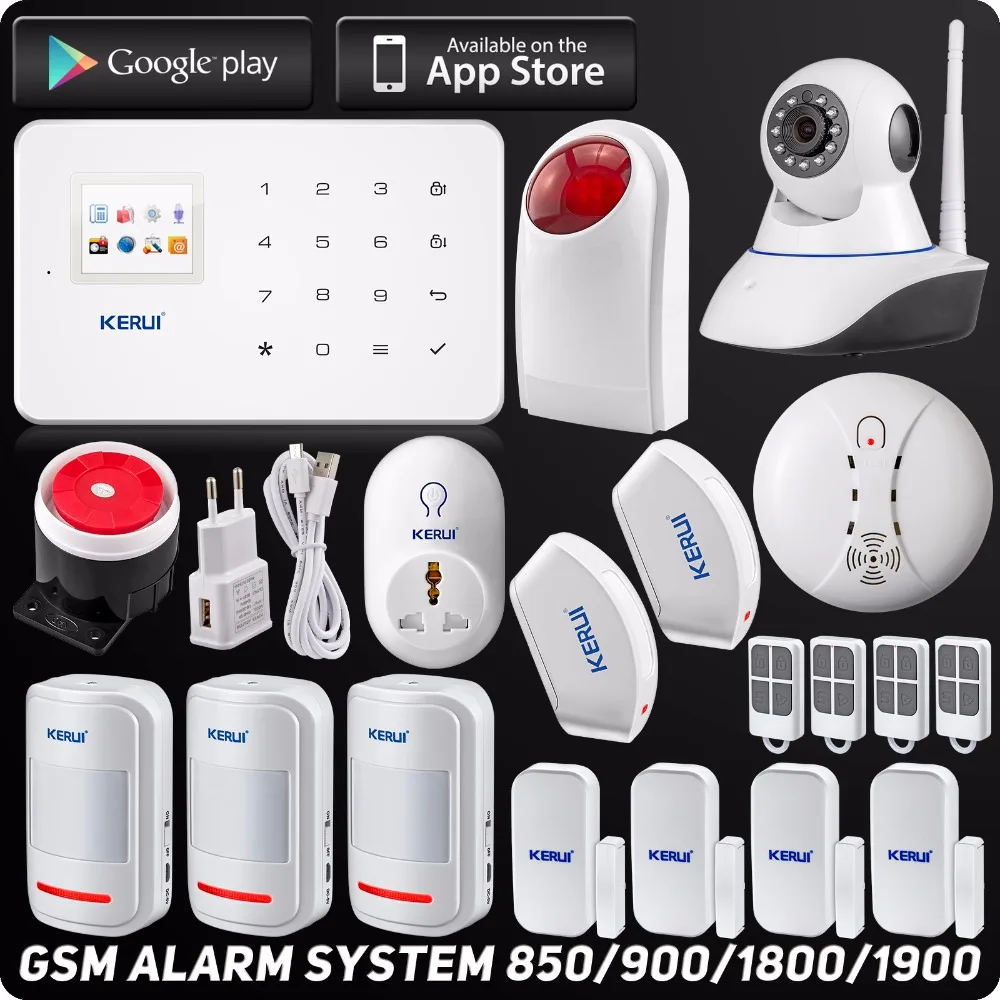 Kerui Wireless GSM Home Security Alarm System ISO Android APP TFT Touch Panel Security Alarm System Wifi IP Camera Smoke Sensor
Kerui Wireless GSM Home Security Alarm System ISO Android APP TFT Touch Panel Security Alarm System Wifi IP Camera Smoke Sensor