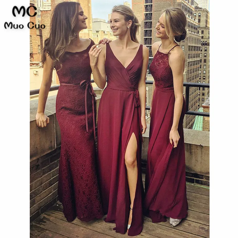 A-Line Bateau Floor-Length Burgundy Lace Bridesmaid Dress with Sash4