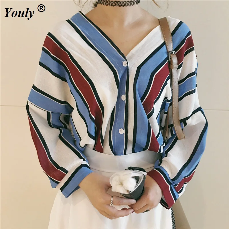 Casual Women blouse Shirts Three Quarter Sleeve Loose Striped V-Neck Korea Bats Blouse Shirt Sexy Blue Red Yellow And Green tops
Casual Women blouse Shirts Three Quarter Sleeve Loose Striped V-Neck Korea Bats Blouse Shirt Sexy Blue Red Yellow And Green tops