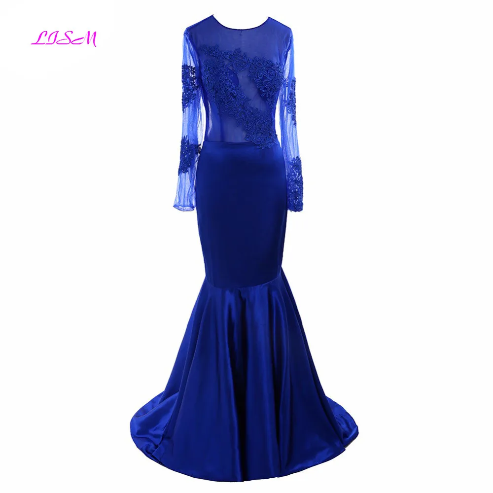 Royal Blue Mermaid Evening Dresses O-Neck Sheer Long Sleeve Applique Sexy Open Back Prom Dress Plus Size Sweep Train Formal Gown
Royal Blue Mermaid Evening Dresses O-Neck Sheer Long Sleeve Applique Sexy Open Back Prom Dress Plus Size Sweep Train Formal Gown