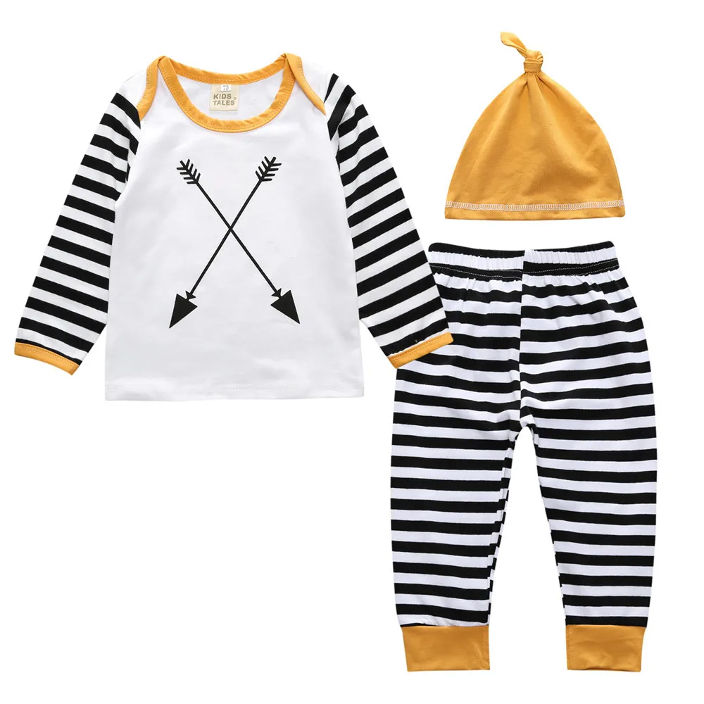 

3 pcs Newborn Baby Boys Girls Clothing Upper long-sleeved cotton T-shirt +striped trousers + Hat Set Outfit Clothes
