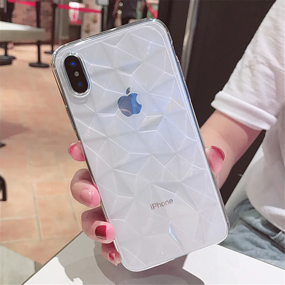 USLION Candy Color Phone Case for iPhone 7 6 6S 8 Plus 3D Diamond Pattern Clear Cover Capa For iPhone XS Max XR X Soft TPU Cases