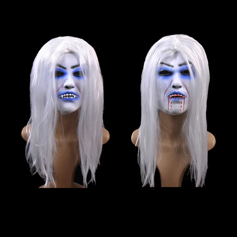 

Halloween Mask Party Supplies Props Latex White Hair witch Mask Horror Bleeding Style Full Face Grimace Accessories