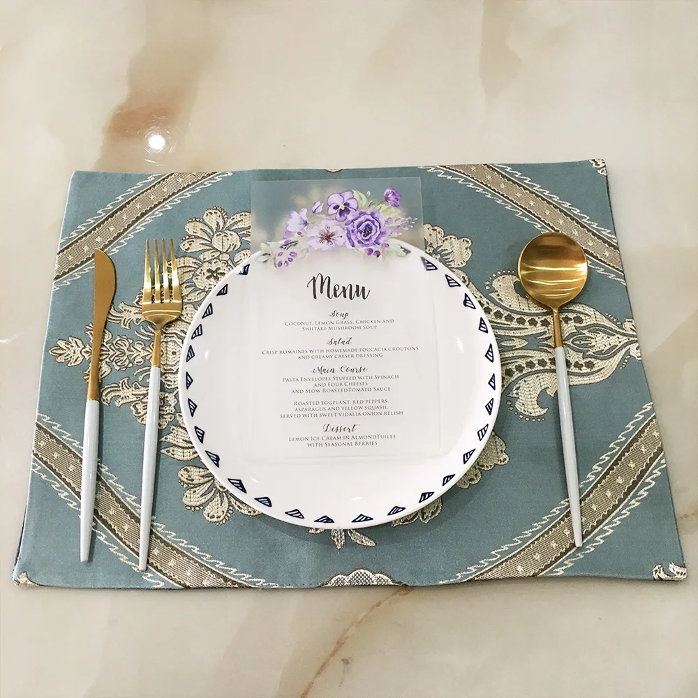Customized 50pcs Per Lot 120x200mm Romantic Watercolor Style Frosted Acrylic Wedding Menu Cards
Customized 50pcs Per Lot 120x200mm Romantic Watercolor Style Frosted Acrylic Wedding Menu Cards