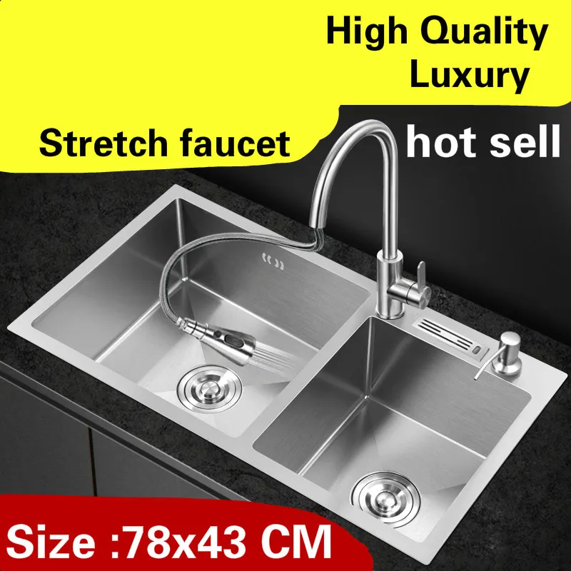 

Free shipping Apartment wash vegetables kitchen manual sink double groove stretch faucet 304 stainless steel hot sell 780x430 MM