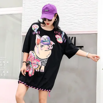 European station 2019 summer new flower sequins cartoon pig print long paragraph large size loose head short sleeve t-shirt
European station 2019 summer new flower sequins cartoon pig print long paragraph large size loose head short sleeve t-shirt