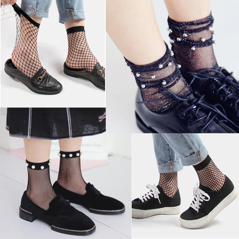 Image SP CITY 4pcs Set Vintage Chic Transparent Fishnet Sock Ladies Cool Mesh Short Socks Punk Rock Fashion Pearl low Shiny Socks