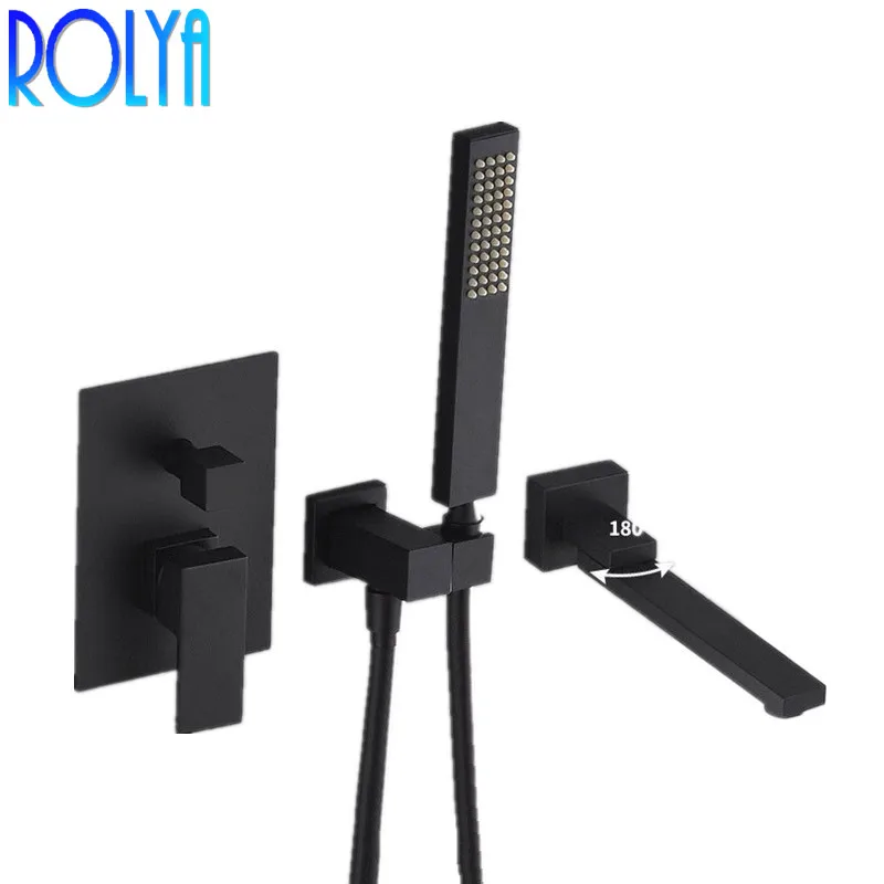 Rolya Matte Black Modern Wall Mount Swivel Tub Filler Faucet & Hand Shower Solid Brass Bathtub Tap | Обустройство дома