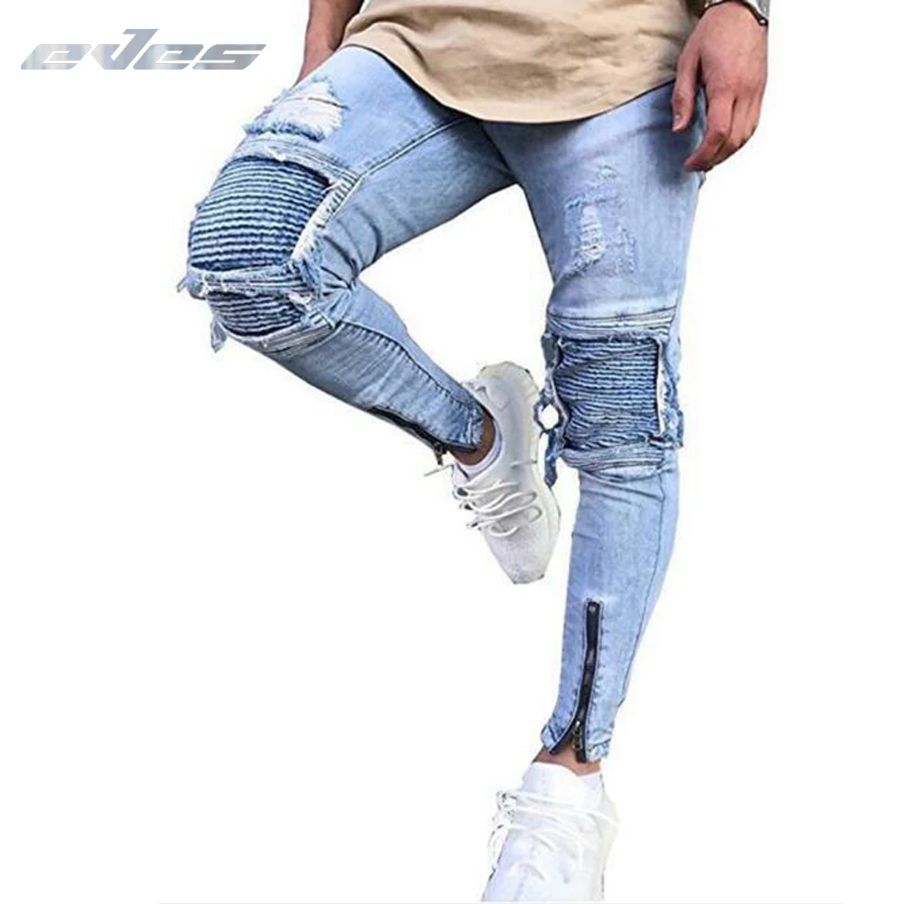 EVES Men's pleated patchwork biker jeans Hombre Zip Cuffs Motorcycle Skinny Sky Blue patch holes ripped denim clothes for Men
EVES Men's pleated patchwork biker jeans Hombre Zip Cuffs Motorcycle Skinny Sky Blue patch holes ripped denim clothes for Men
