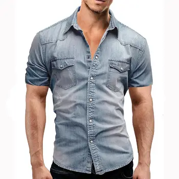 Denim Shirt for Men Short sleeve Casual Dress Jeans Men Shirts Casual Blouse Men Slim fit Blue Gray
Denim Shirt for Men Short sleeve Casual Dress Jeans Men Shirts Casual Blouse Men Slim fit Blue Gray