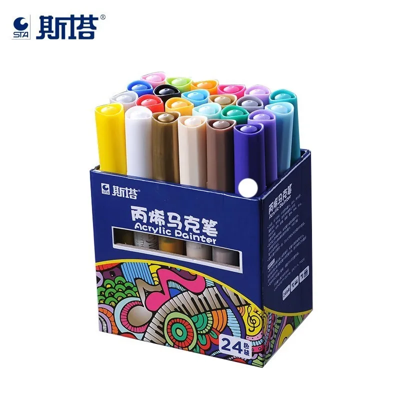 

STA 24Color Set Permanent Colored Paint Markers Set Metal Fabric Plastic Water-based Acrylic Painter Pens DIY Highlighter Marker