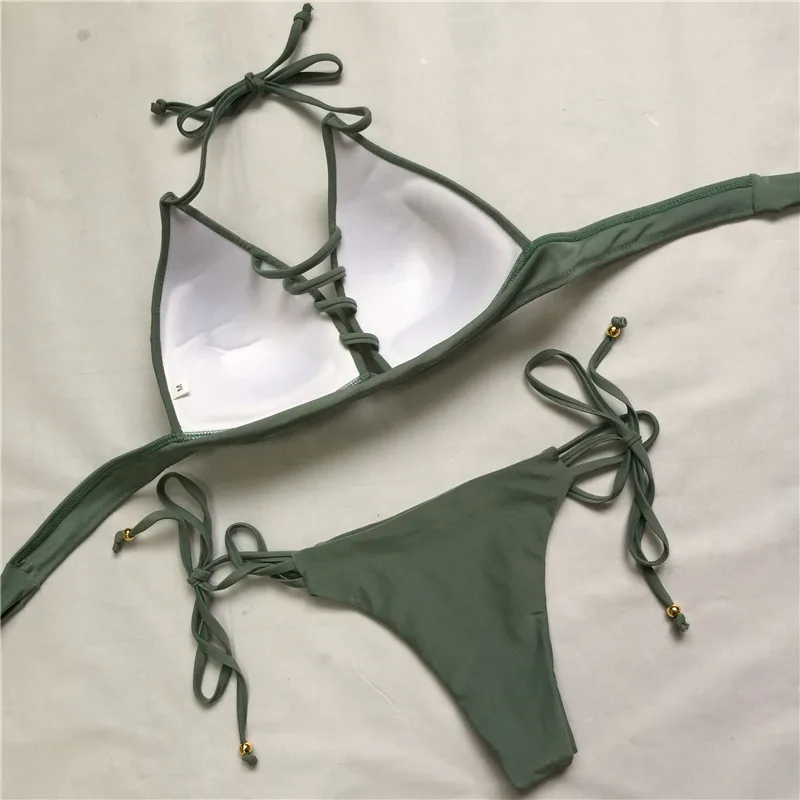 2018 Sexy Women Swimsuit Bikini Set Halter Biquini String High Cut Swim Bathing Suit Swimwear Push Up Solid Bikini Set 17
