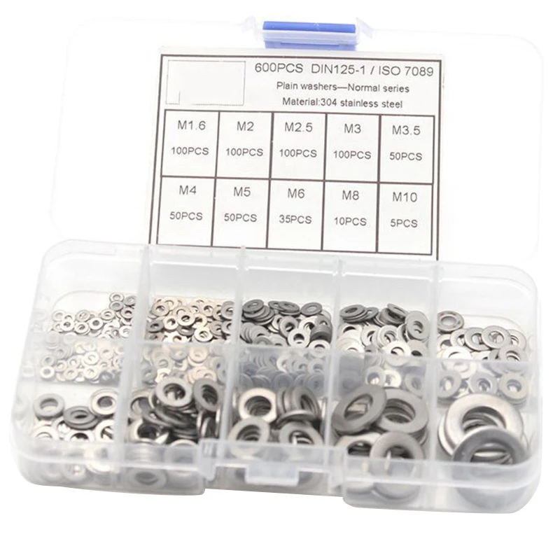 600Pcs/Set M1.6 M2 M2.5 M3 M3.5 M4 M5 M6 M8 M10 Stainless Steel Flat Washer Plain Washer Gaskets Assortment Kit 
600Pcs/Set M1.6 M2 M2.5 M3 M3.5 M4 M5 M6 M8 M10 Stainless Steel Flat Washer Plain Washer Gaskets Assortment Kit