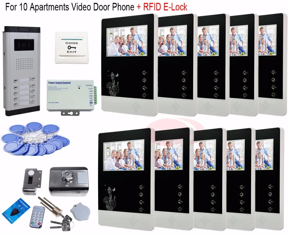 Для 10 квартир роскошный дом 7-дюймовый цветной видеодомофон комплект + RFID