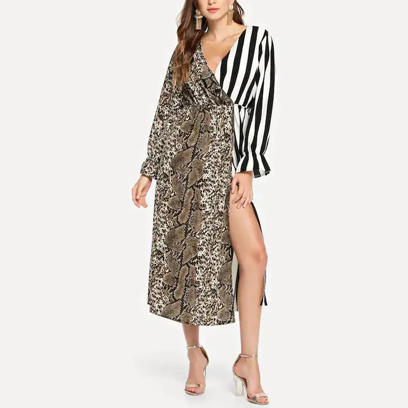 Fashion Patchwork Long Dress Women Spring Flare Sleeve Stripe Dress Summer Deep V-neck Side Split Dress Casual Female Vestidos
Fashion Patchwork Long Dress Women Spring Flare Sleeve Stripe Dress Summer Deep V-neck Side Split Dress Casual Female Vestidos
