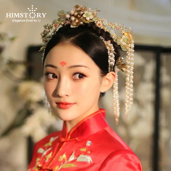 

Himstory Vintage Chinese Handmade Bride Headdress Costume Coronet Pearl Tassel Hair Stick Wedding Hair Accessories Hair Jewerlry