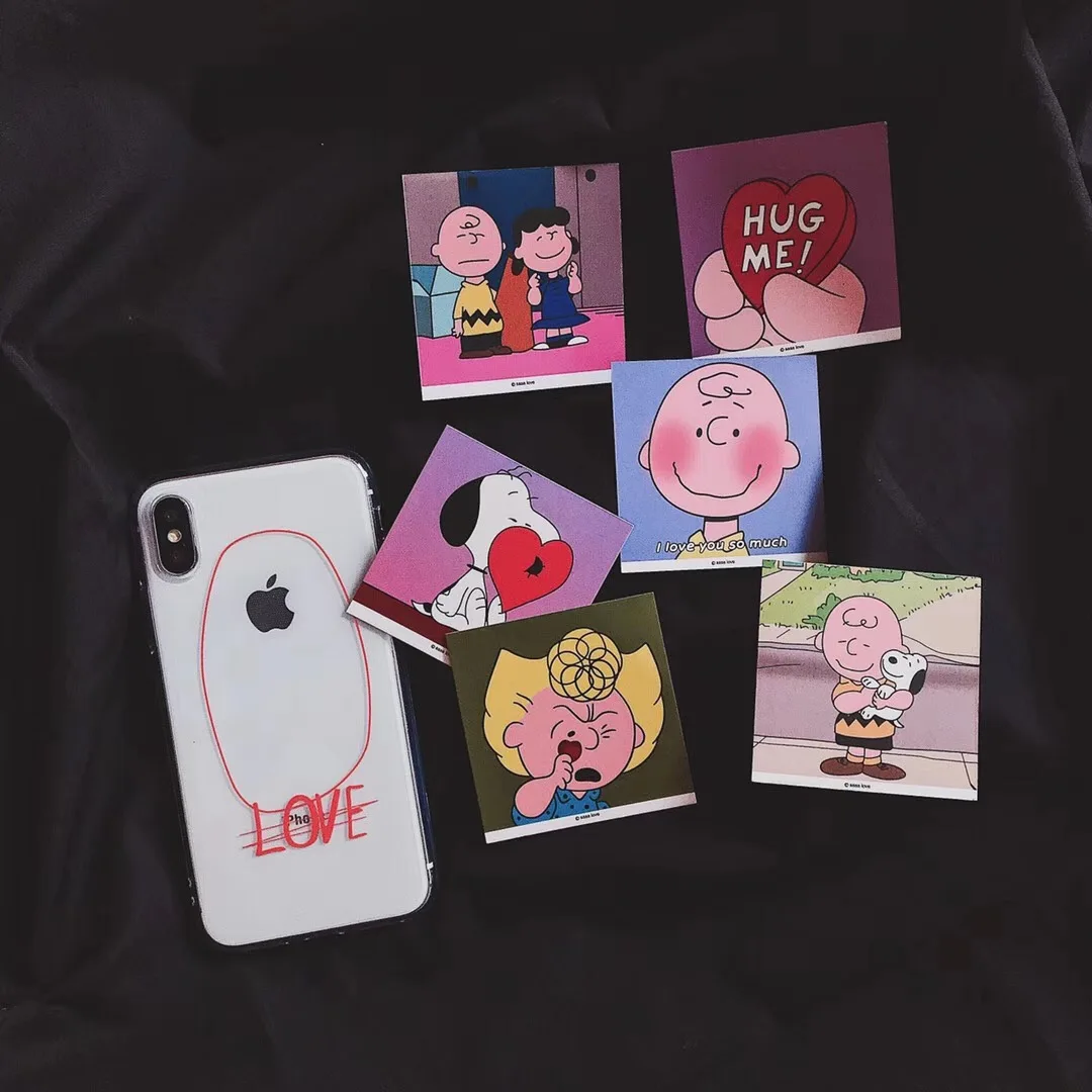 

Cute Anime Transparent Love English Phone Case For iPhone 8 7 6 6s Plus X XR Xs Max Small Card Charlie Brown Soft TPU Back Cover