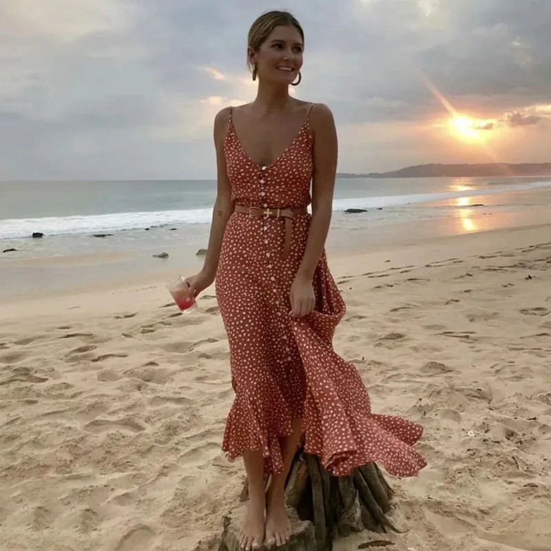 Elegant Polka Dot Boho Women Long Maxi Dress Summer Sexy Sundress V-neck Strap Button A-line Casual Beach Dress Vestidos DG045
Elegant Polka Dot Boho Women Long Maxi Dress Summer Sexy Sundress V-neck Strap Button A-line Casual Beach Dress Vestidos DG045
