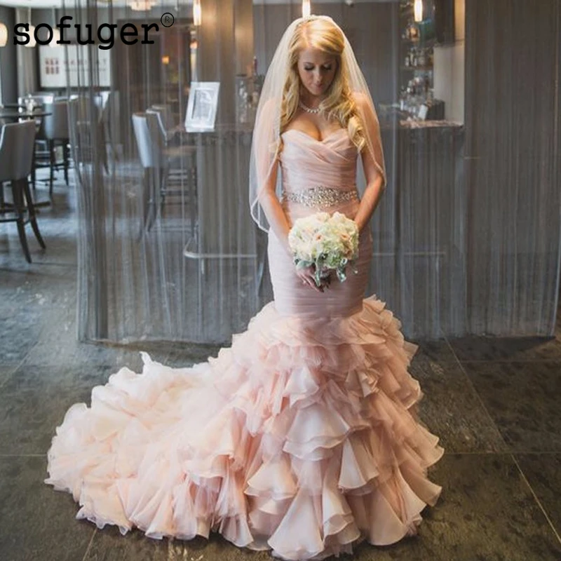 Sofuge Blush Pink Organza Wedding Dresses Mermaid Sashes Tiered Lace Up Back Robe De Mariage Custom Made Plus Size
Sofuge Blush Pink Organza Wedding Dresses Mermaid Sashes Tiered Lace Up Back Robe De Mariage Custom Made Plus Size