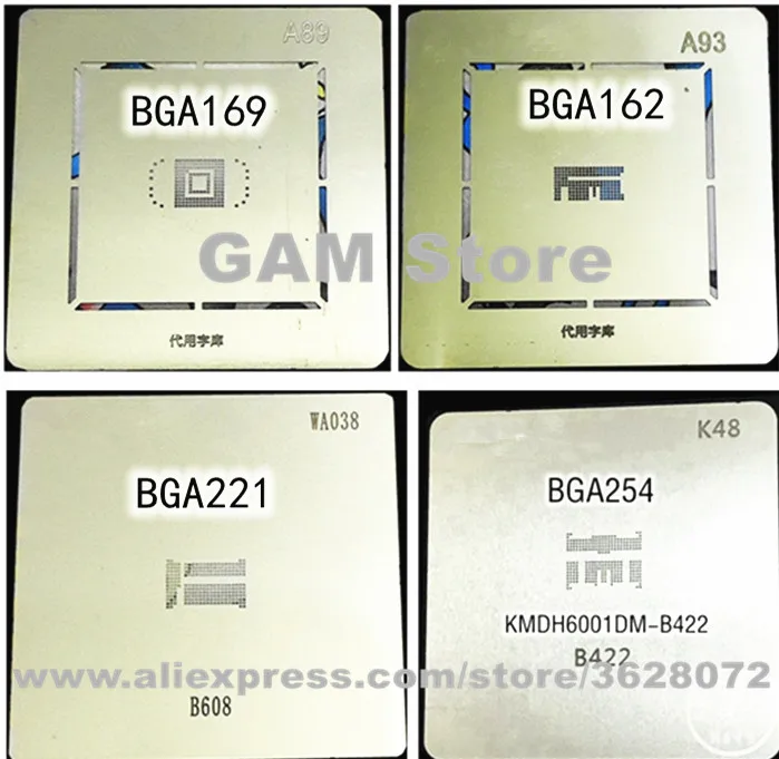 BGA 169 254 162 221 BGA Stencil Reballing B608 eMMC KMDH6001DM-B422 Pins BGA Direct Heating Template 4pcs/set
BGA 169 254 162 221 BGA Stencil Reballing B608 eMMC KMDH6001DM-B422 Pins BGA Direct Heating Template 4pcs/set