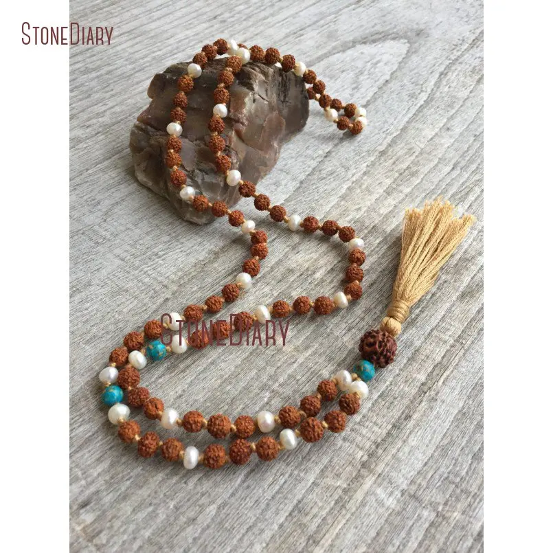 20180312-NM11009-Hand knotted Freshwater Pearl & Rudraksha 108 Bead Mala mosaic turquoise natural mantra meditation prayer beads lunar feminine wedding_1