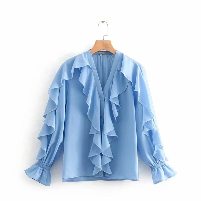 cascading ruffle v neck women shirt fashion butterfly sleeve blouse solid color loose tops casual feminina chemise S5103
cascading ruffle v neck women shirt fashion butterfly sleeve blouse solid color loose tops casual feminina chemise S5103