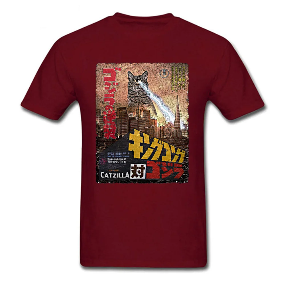 StreetPrinting Short Sleeve Tops Tees Summer/Autumn 2018 New Crewneck All Cotton Tee Shirt Men's T Shirts Catzilla-Poster Catzilla-Poster maroon