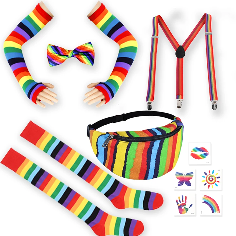 Women Costume Rainbow Accessories Set Rainbow Gloves Socks Bow-tie Suspenders Fanny Pack Sticker for Costume Supplies Girl Party
Women Costume Rainbow Accessories Set Rainbow Gloves Socks Bow-tie Suspenders Fanny Pack Sticker for Costume Supplies Girl Party