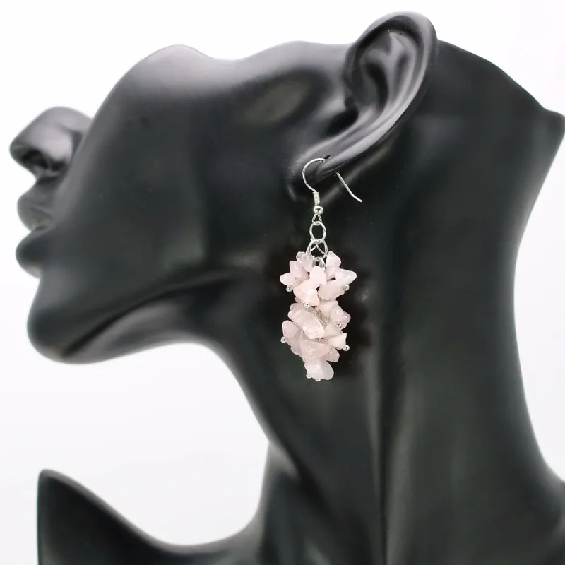 1 pair fashion romantic ethnic dangle earrings pink rose quartz 6cm long handmade jewelry pendientes brincos for women girls rose quartz