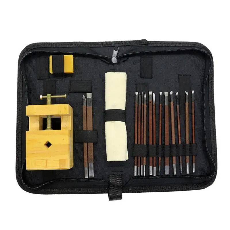 

18pcs Durable Stone Carving Tool Kits Manganese Steel Hand Engraving Knife Carving Chisels Vise Clamp Carving Tool (Pine)